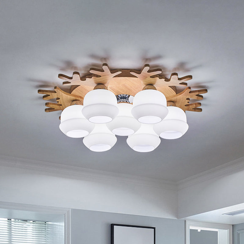 Modern Flush Ceiling Lamp with Wood Antler Design - White Glass Jar Fixture, 5/7 Bulbs, Beige Mount