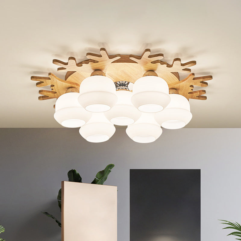 Modern Flush Ceiling Lamp with Wood Antler Design - White Glass Jar Fixture, 5/7 Bulbs, Beige Mount