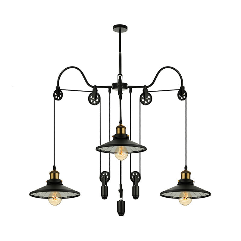 Suspension industrielle noire avec 3 têtes en métal, poulie et cordon - Parfait pour le salon