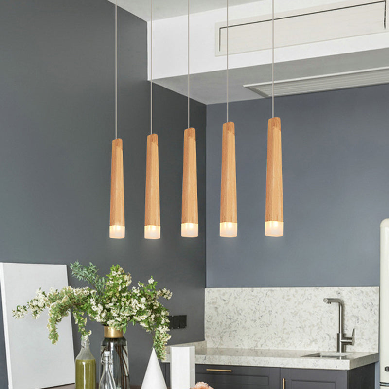 Minimalist Beige Multi-Pendant Dining Room Light with Square Wood Shades - 3/5 Heads