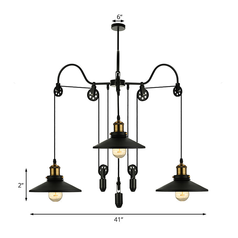 Suspension industrielle noire avec 3 têtes en métal, poulie et cordon - Parfait pour le salon