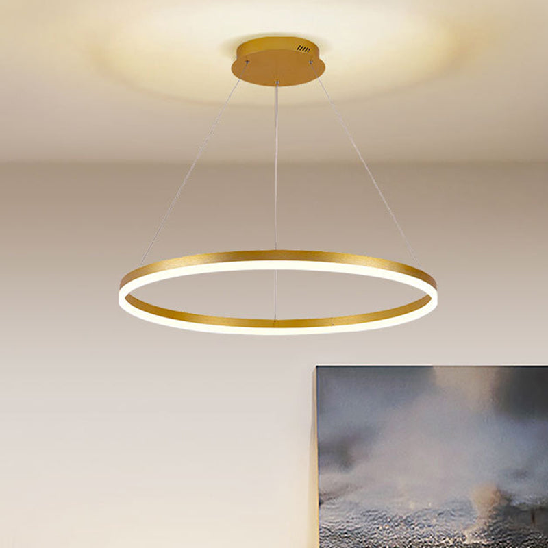 Lustre à anneau en métal minimaliste - Suspension de plafond de chambre à coucher à LED en or (16"/19,5"/23,5") avec lumière chaude/blanche