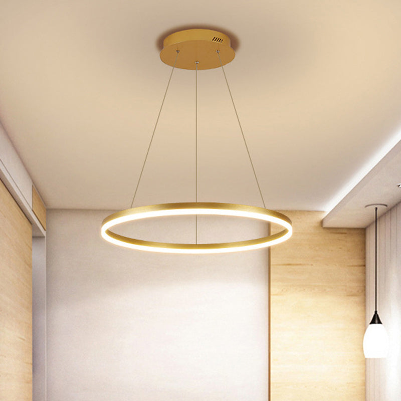 Lustre à anneau en métal minimaliste - Suspension de plafond de chambre à coucher à LED en or (16"/19,5"/23,5") avec lumière chaude/blanche