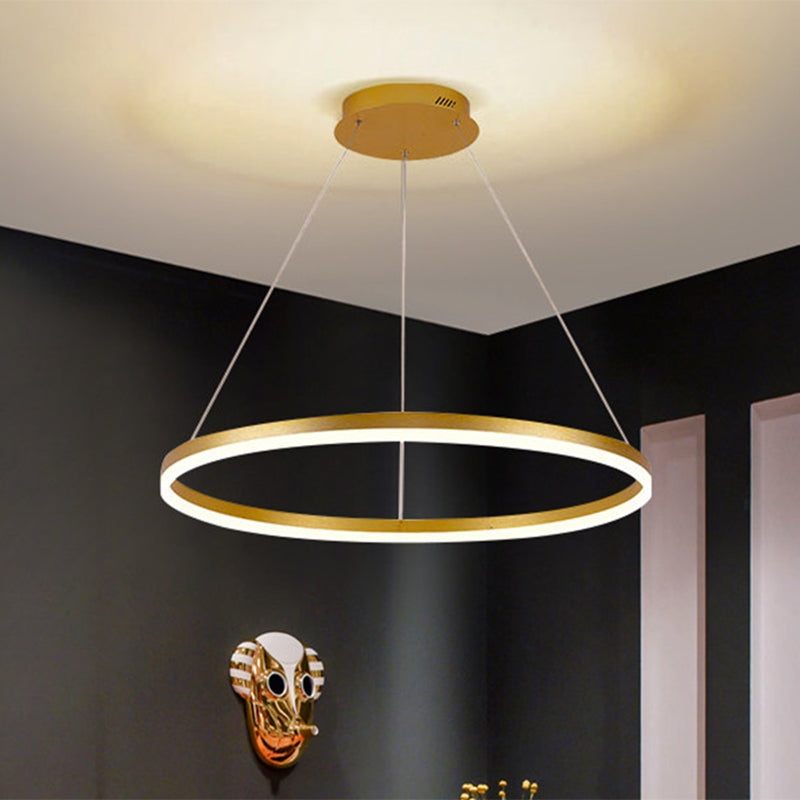 Lustre à anneau en métal minimaliste - Suspension de plafond de chambre à coucher à LED en or (16"/19,5"/23,5") avec lumière chaude/blanche