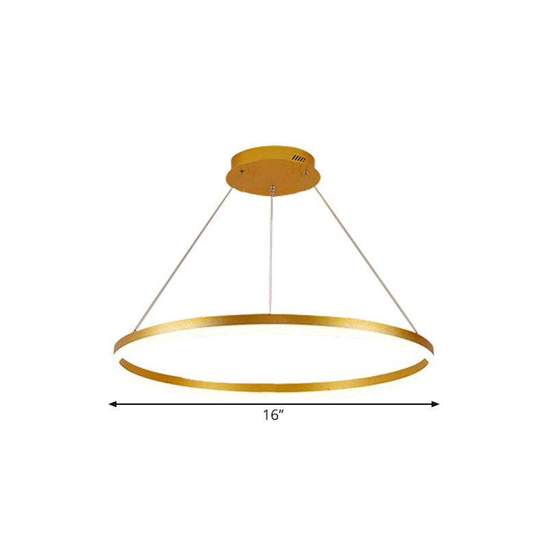 Lustre à anneau en métal minimaliste - Suspension de plafond de chambre à coucher à LED en or (16"/19,5"/23,5") avec lumière chaude/blanche