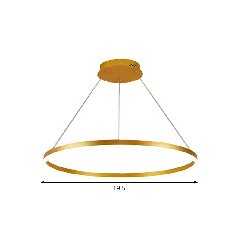 Lustre à anneau en métal minimaliste - Suspension de plafond de chambre à coucher à LED en or (16"/19,5"/23,5") avec lumière chaude/blanche