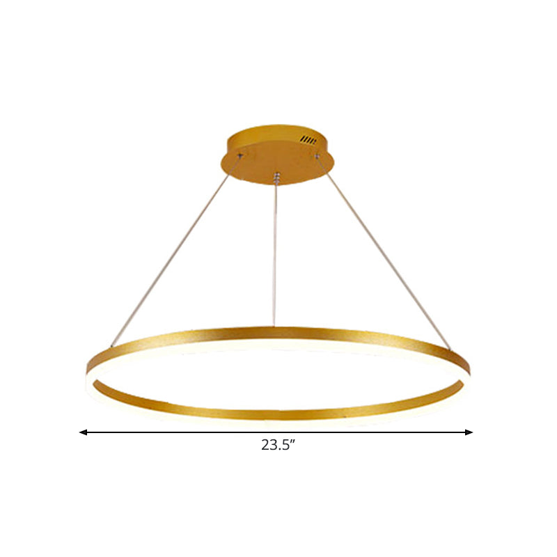 Lustre à anneau en métal minimaliste - Suspension de plafond de chambre à coucher à LED en or (16"/19,5"/23,5") avec lumière chaude/blanche