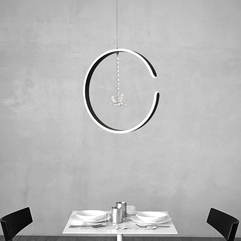 Sleek Metal C-Shape Suspension Led Hanging Lamp Kit With Crystal Bird Accent In Warm/White Light -
