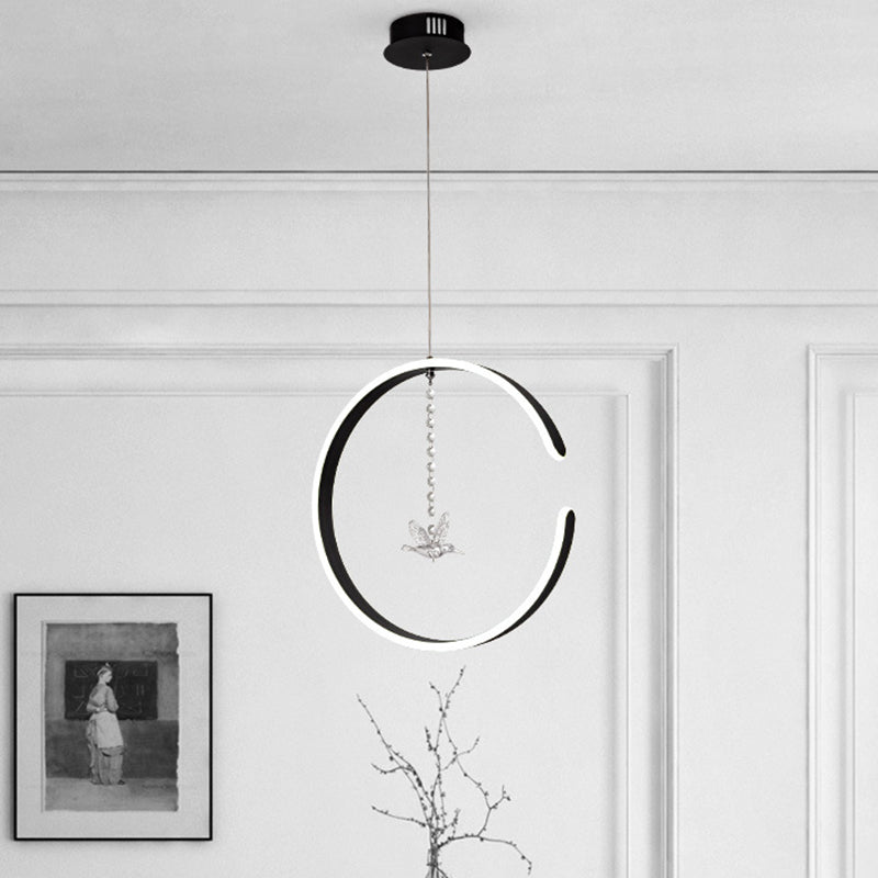 Sleek C-Shape Metal Suspension Lighting with Crystal Bird - LED Hanging Lamp Kit in Warm/White Light