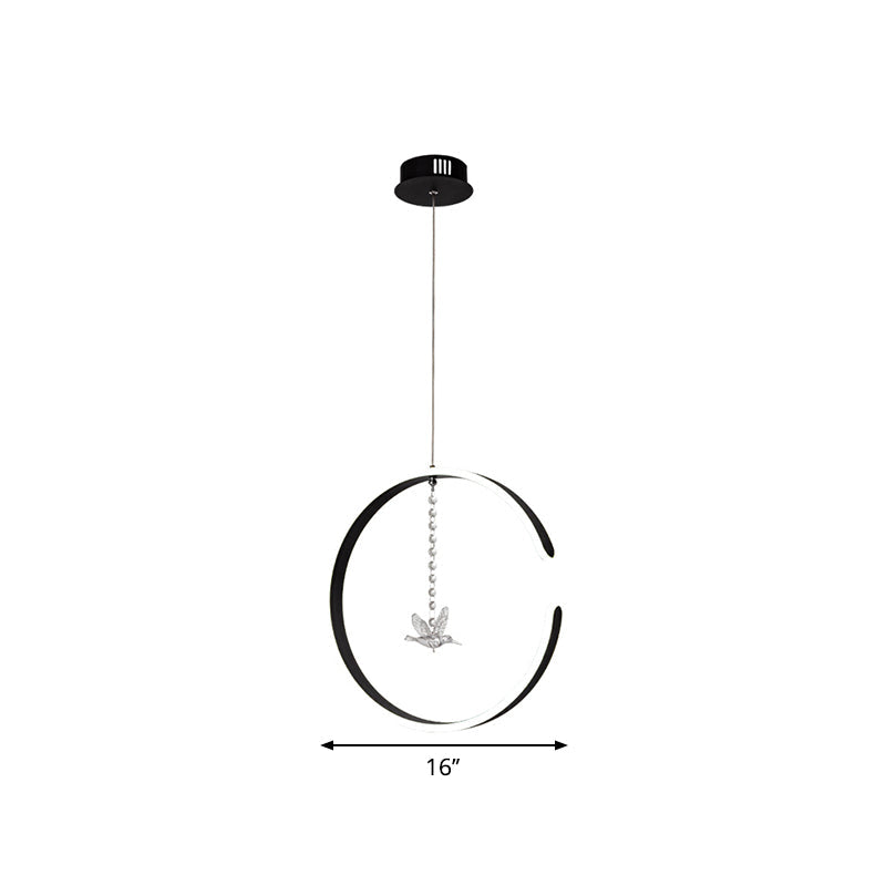 Sleek Metal C-Shape Suspension Led Hanging Lamp Kit With Crystal Bird Accent In Warm/White Light -