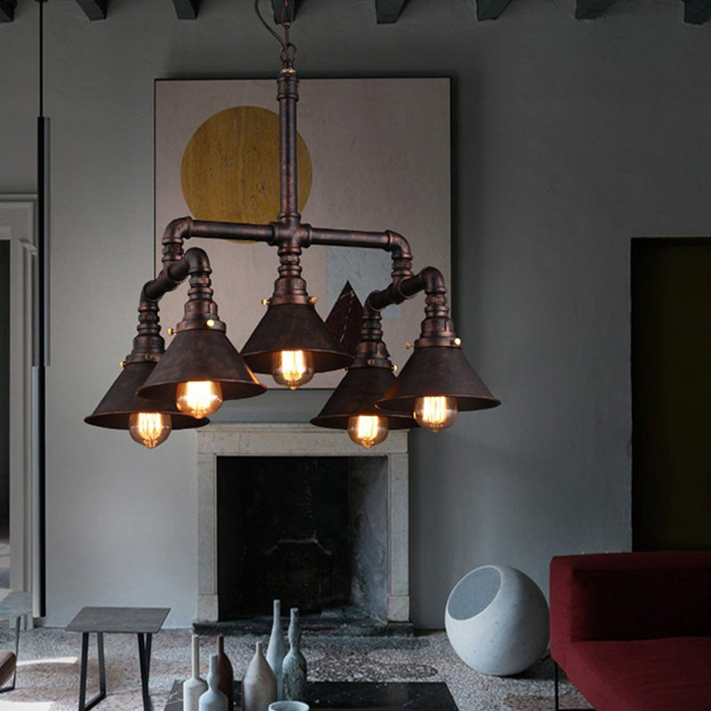 Vintage Conical Chandelier with 5 Metal Lights - Stylish Ceiling Fixture for Dining Room Décor, Rust Finish