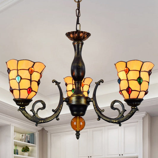 Lustre rustique en vitrail à 3 têtes, motif bijou et pendentif en verre jaune