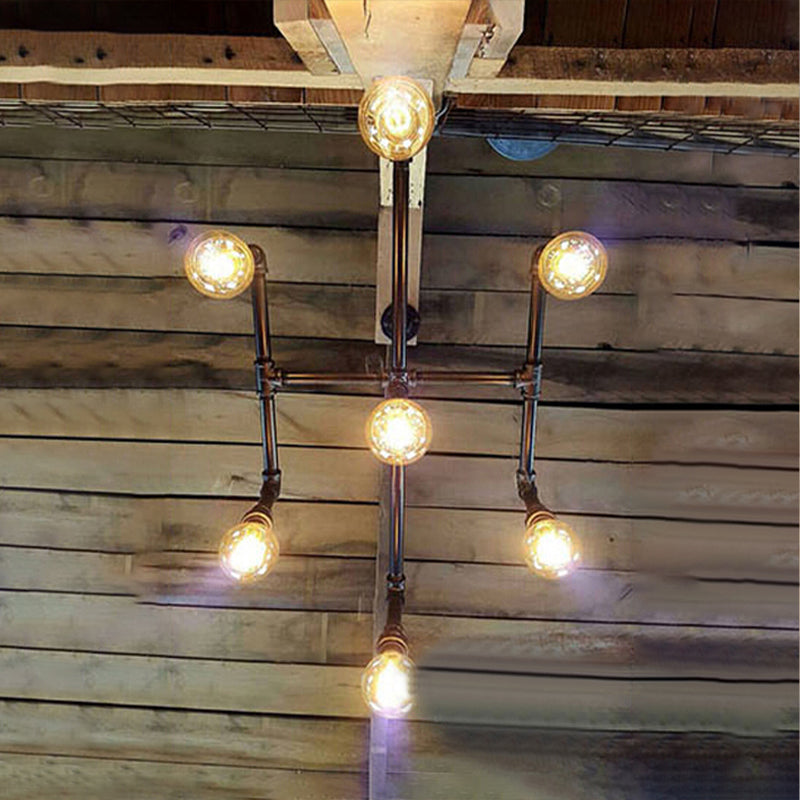 Lustre en métal noir en forme de tuyau d'eau - Luminaire suspendu industriel à 7 têtes pour salle à manger