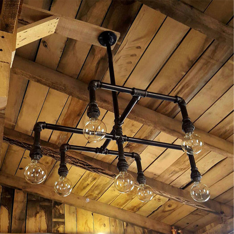 Lustre en métal noir en forme de tuyau d'eau - Luminaire suspendu industriel à 7 têtes pour salle à manger
