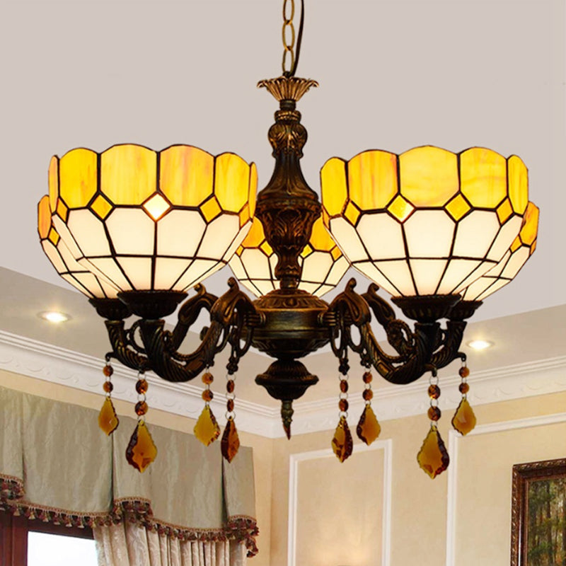Lustre en verre jaune : 5 têtes, design rustique avec des accents de cristal pour la salle à manger