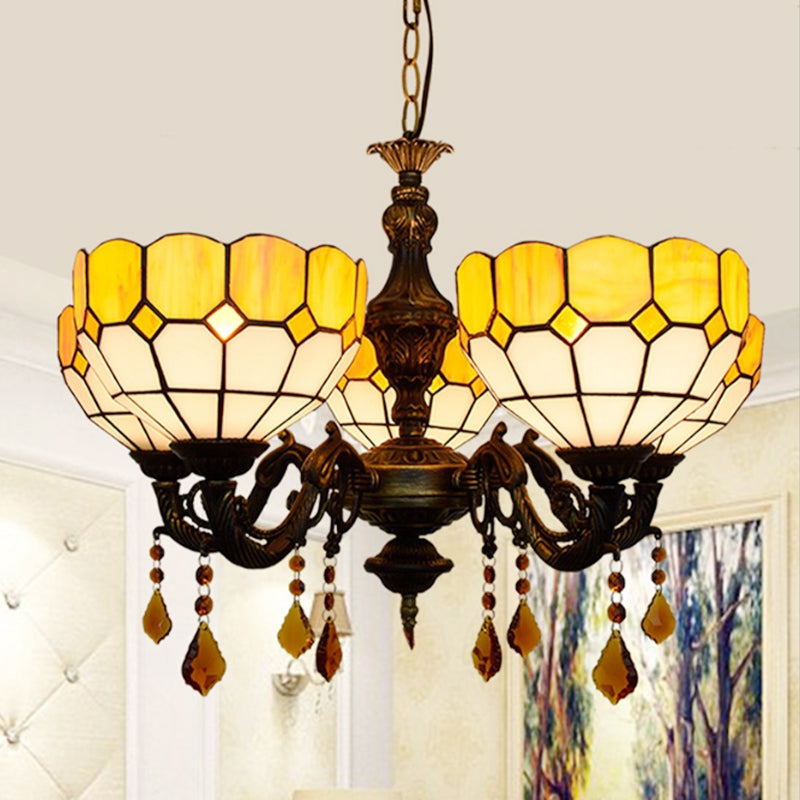 Lustre en verre jaune : 5 têtes, design rustique avec des accents de cristal pour la salle à manger