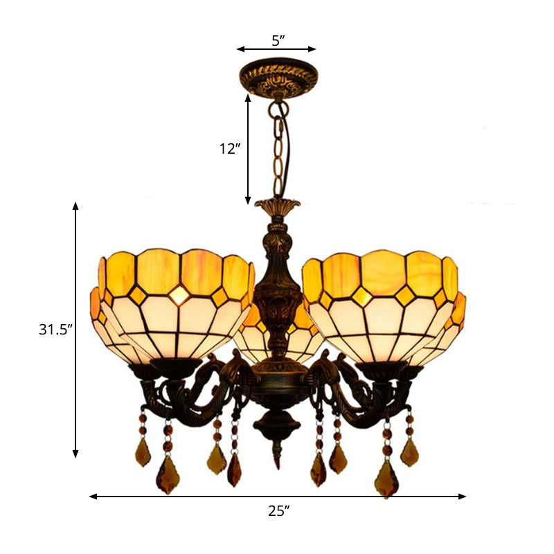 Lustre en verre jaune : 5 têtes, design rustique avec des accents de cristal pour la salle à manger
