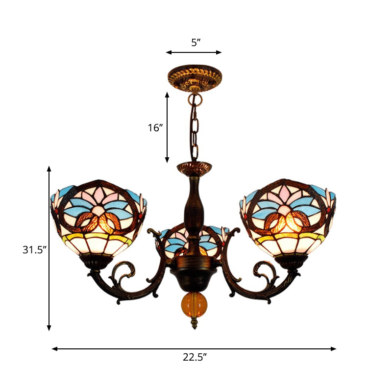 Lodge Bowl-Shaped Chandelier With Stained Glass 3 Lights Multicolor Crystal Accents