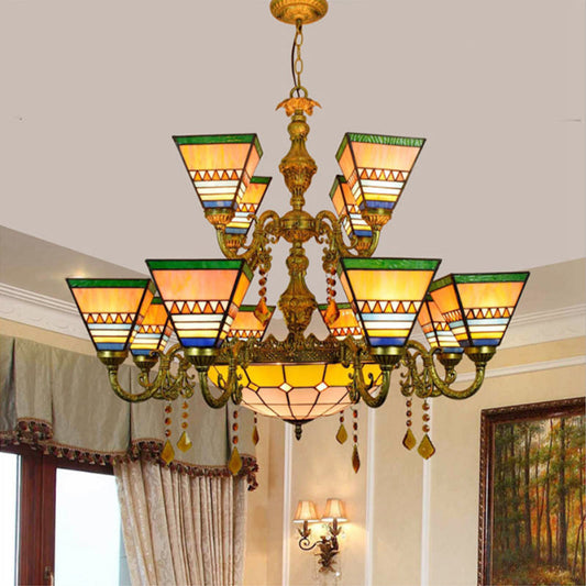 Lustre pyramidal en vitrail industriel vintage - 12 bras avec bol central