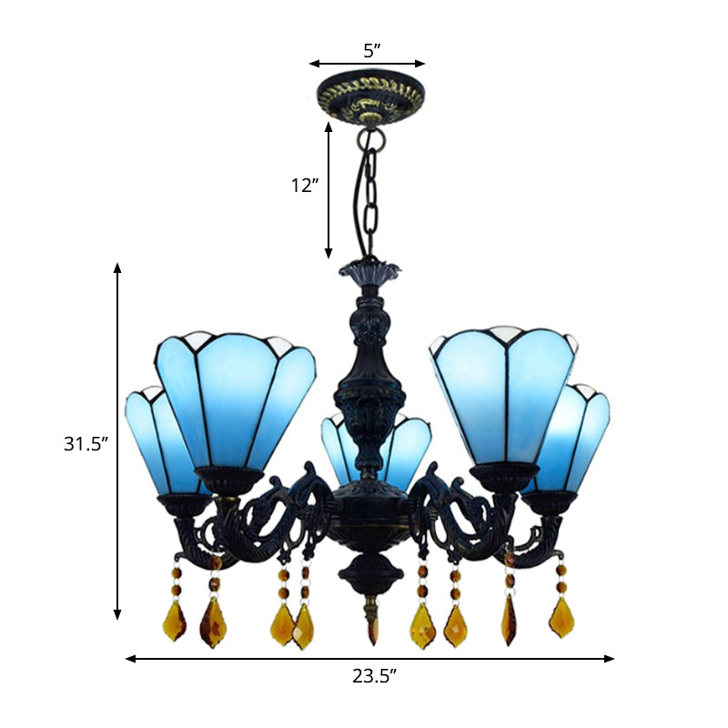 Blue Stained Glass Chandelier with Tiffany-style Cone-Shaped Design and 5 Decorative Crystal Lights