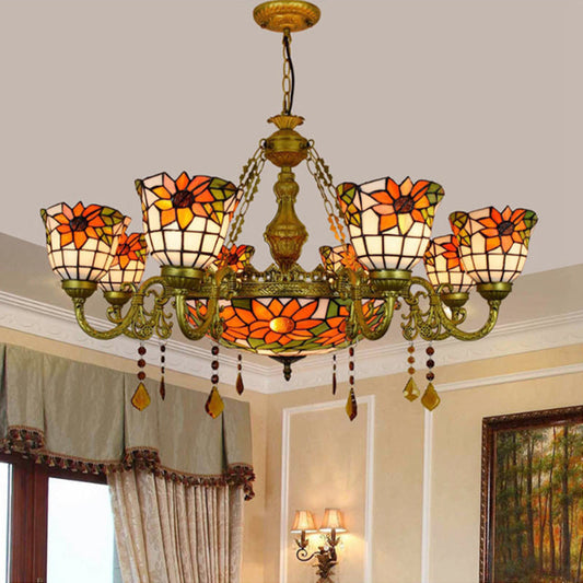 Lustre vintage en vitrail avec motif tournesol - 9 lumières, multicolore, design inversé, suspension décorative