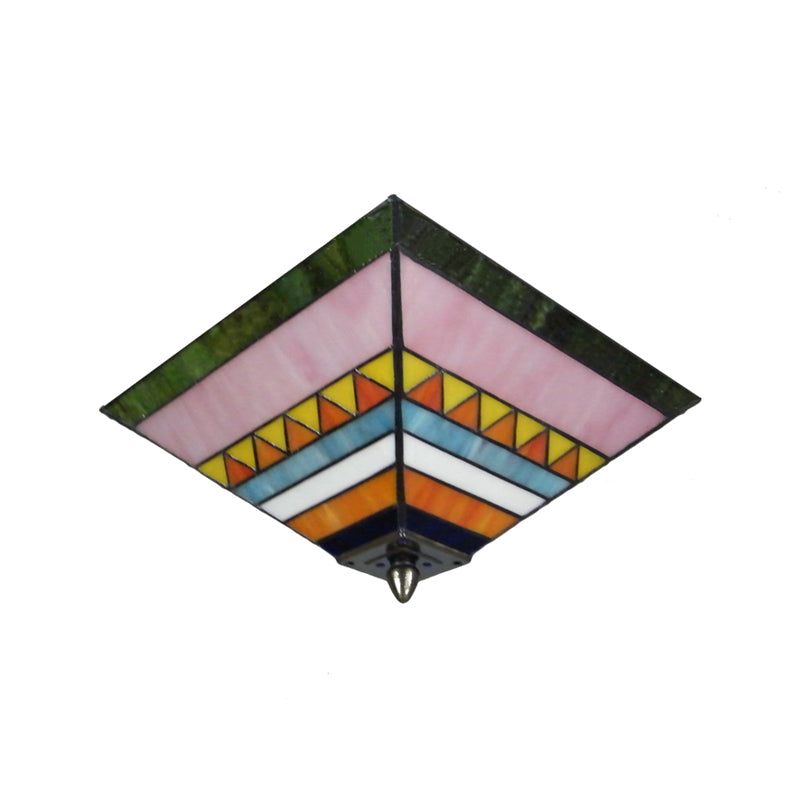 Craftsman Stained Glass Flush Ceiling Light - Multicolored Pyramid Design - 2 Bulbs - Foyer Flush Mount