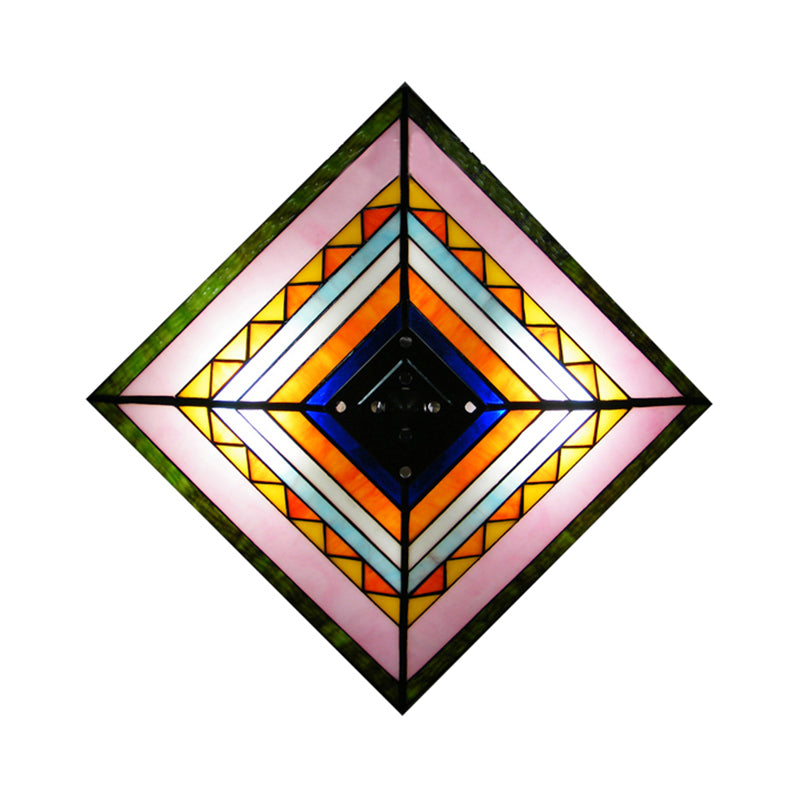 Craftsman Stained Glass Flush Ceiling Light - Multicolored Pyramid Design - 2 Bulbs - Foyer Flush Mount