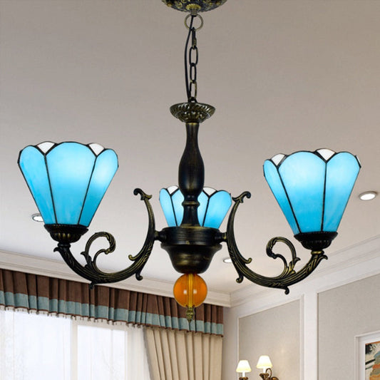 Vintage Stained Glass Chandelier: Sky Blue Conic Shape, 3 Lights - Decorative Hanging Light for Living Room