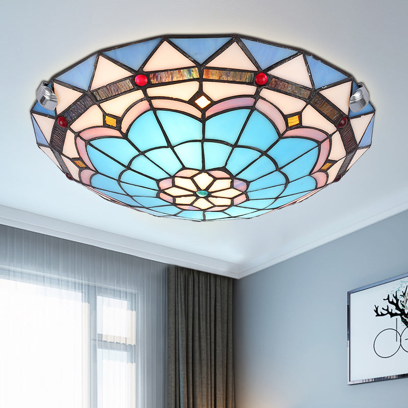 Baroque Bowl Flush Mount Stained Glass Ceiling Light In Blue/Blue-Brown - 12/16/19.5 Wide Blue-Brown