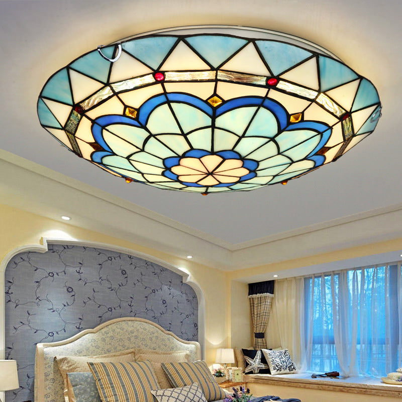 Baroque Bowl Flush Mount Stained Glass Ceiling Light in Blue/Blue-Brown - 12"/16"/19.5" Wide