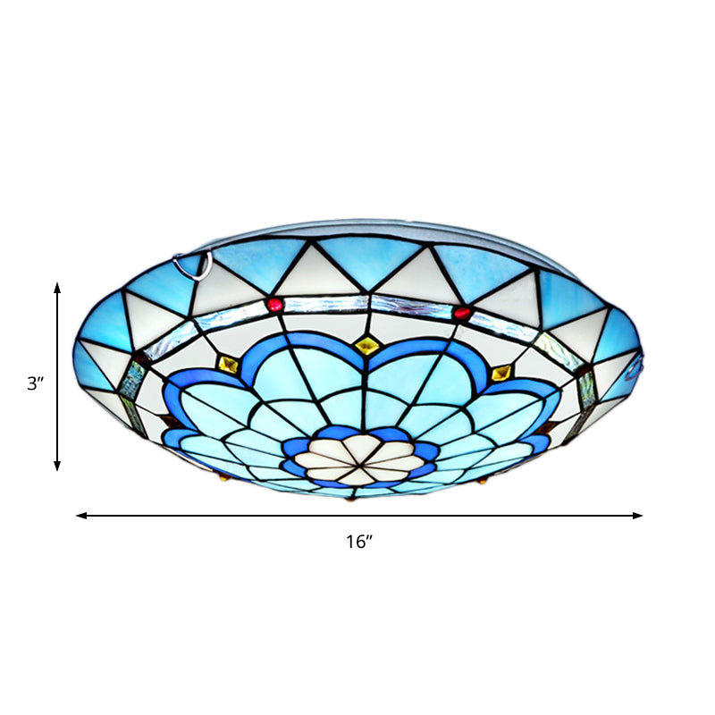Baroque Bowl Flush Mount Stained Glass Ceiling Light In Blue/Blue-Brown - 12/16/19.5 Wide