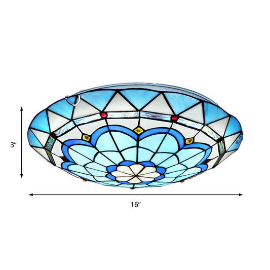 Baroque Bowl Flush Mount Stained Glass Ceiling Light In Blue/Blue-Brown - 12/16/19.5 Wide