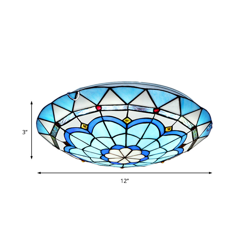 Baroque Bowl Flush Mount Stained Glass Ceiling Light in Blue/Blue-Brown - 12"/16"/19.5" Wide