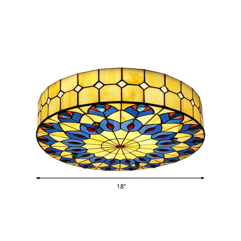 Tiffany Blue Peacock Design Flushmount Ceiling Light for Restaurants - 16"/18" Round Shade