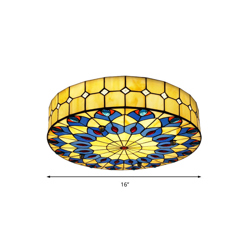 Tiffany Blue Peacock Design Flushmount Ceiling Light for Restaurants - 16"/18" Round Shade
