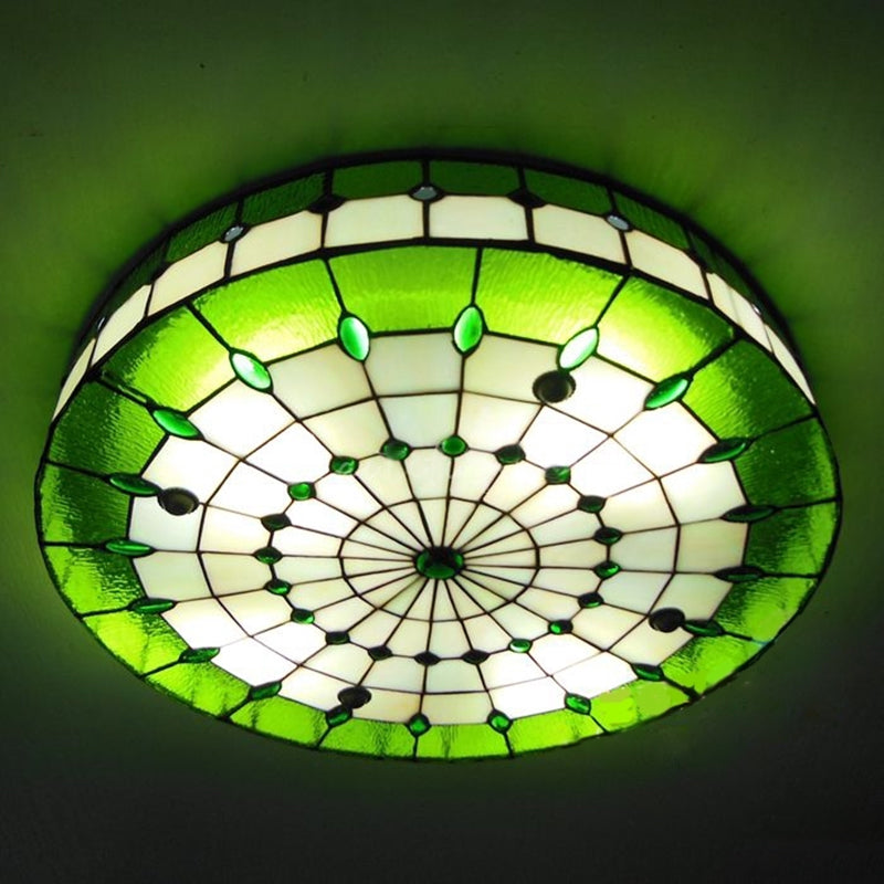 Retro Style Stained Glass Ceiling Light Fixture - Green Round Flush Mount, 3 Lights