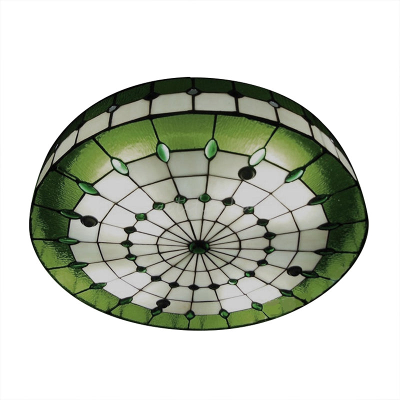 Retro Style Stained Glass Ceiling Light Fixture - Green Round Flush Mount, 3 Lights