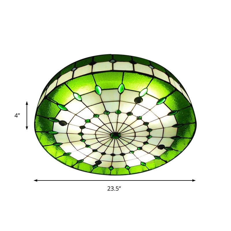 Retro Style Stained Glass Ceiling Light Fixture - Green Round Flush Mount, 3 Lights