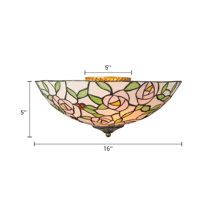 Tiffany Style Stained Glass Flushmount Light: Bowl Flower Ceiling Fixture, Multicolor, 3 Lights