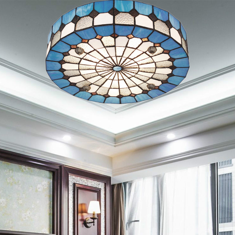 Plafonnier rond en vitrail de style Tiffany - Bleu, 16"/23,5" - Montage encastré avec 3/4 lumières pour salon