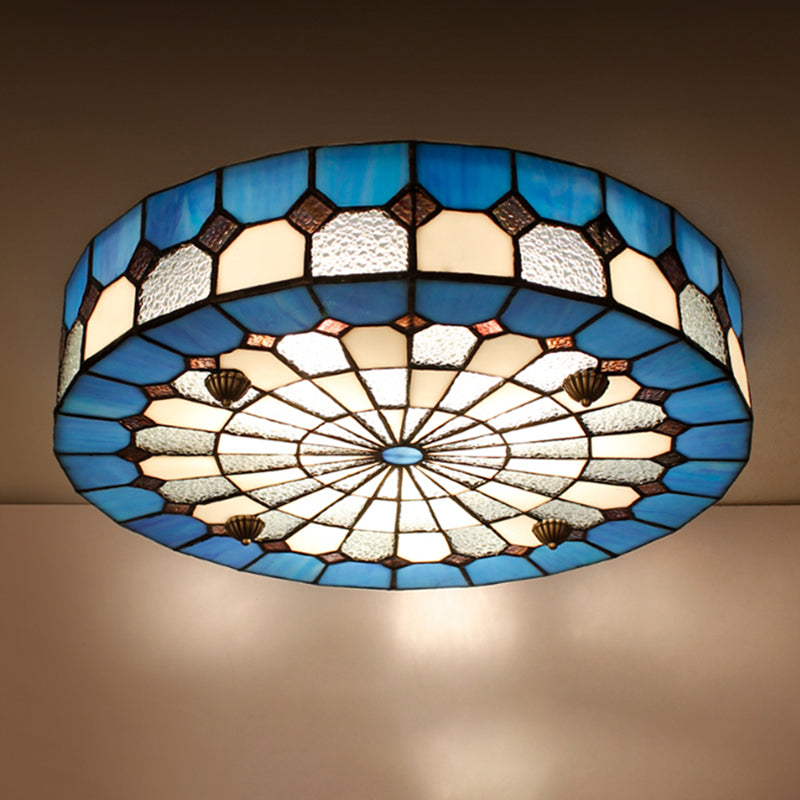Plafonnier rond en vitrail de style Tiffany - Bleu, 16"/23,5" - Montage encastré avec 3/4 lumières pour salon