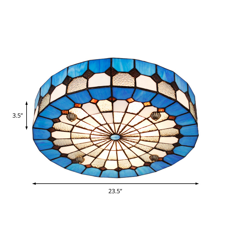Plafonnier rond en vitrail de style Tiffany - Bleu, 16"/23,5" - Montage encastré avec 3/4 lumières pour salon