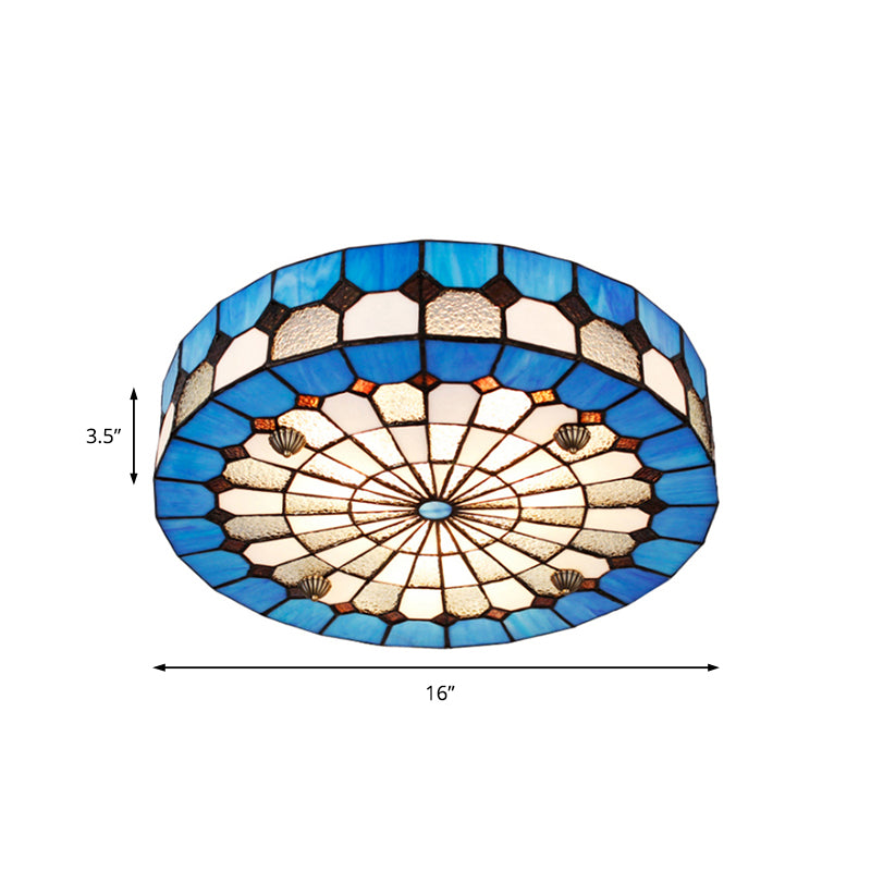 Plafonnier rond en vitrail de style Tiffany - Bleu, 16"/23,5" - Montage encastré avec 3/4 lumières pour salon