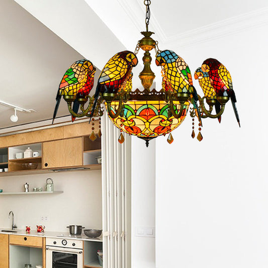 Lustre perroquet rustique vintage avec 9 abat-jours en vitrail, jaune pour villa