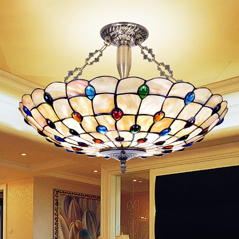 Plafonnier vintage en vitrail avec 4 têtes de bijoux en beige