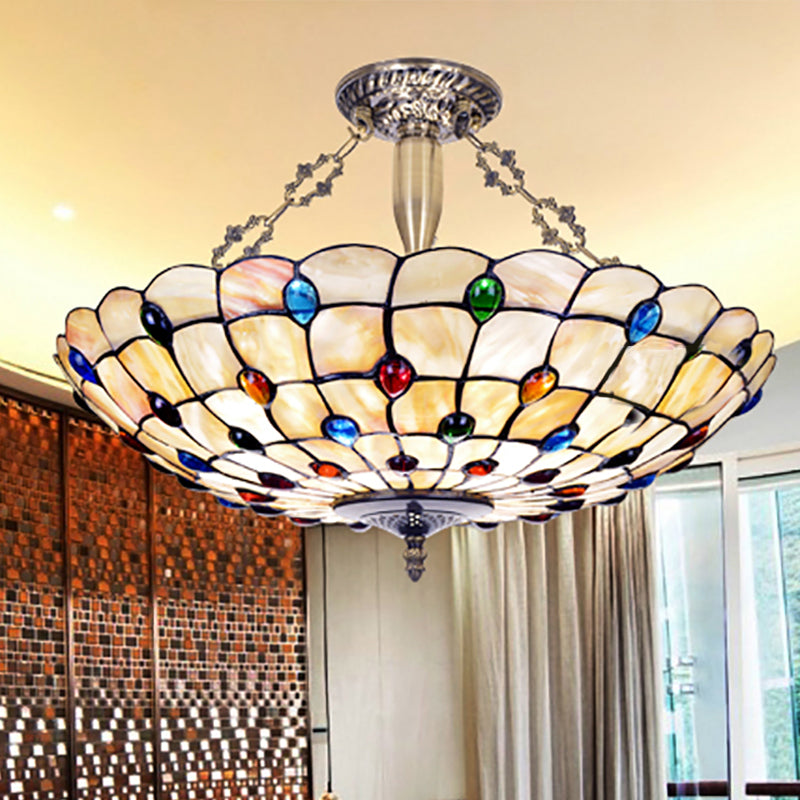Plafonnier vintage en vitrail avec 4 têtes de bijoux en beige