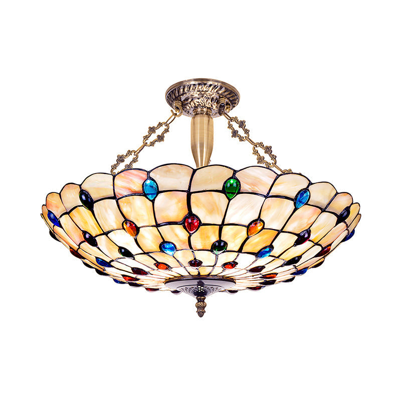 Plafonnier vintage en vitrail avec 4 têtes de bijoux en beige