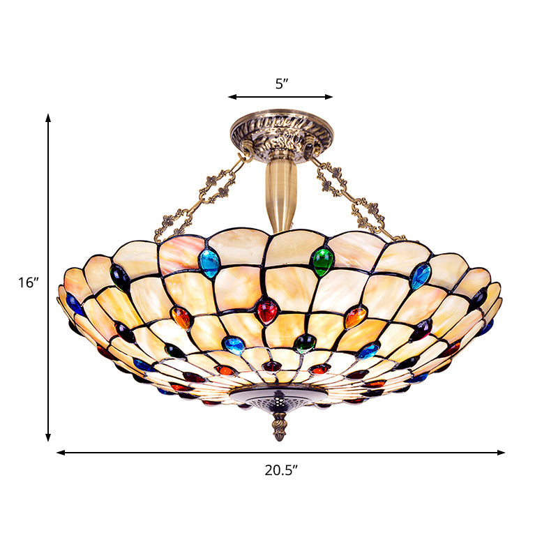 Plafonnier vintage en vitrail avec 4 têtes de bijoux en beige