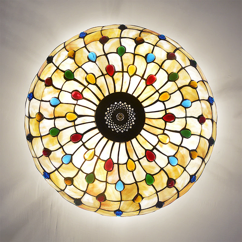 Plafonnier vintage en vitrail avec 4 têtes de bijoux en beige