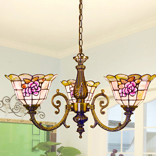 Lustre rétro en vitrail - Lampe suspendue en forme de cloche avec 3 têtes de fleurs, chaîne incluse - Idéal pour l'éclairage de la chambre